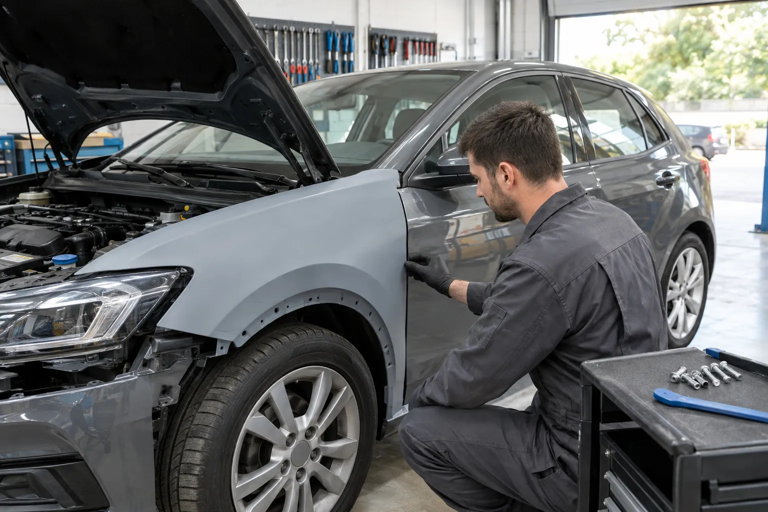 Dans l'atelier, un carrossier contrôle à la main le jeu entre une aile neuve en apprêt gris et la portière d'une voiture grise, capot ouvert.