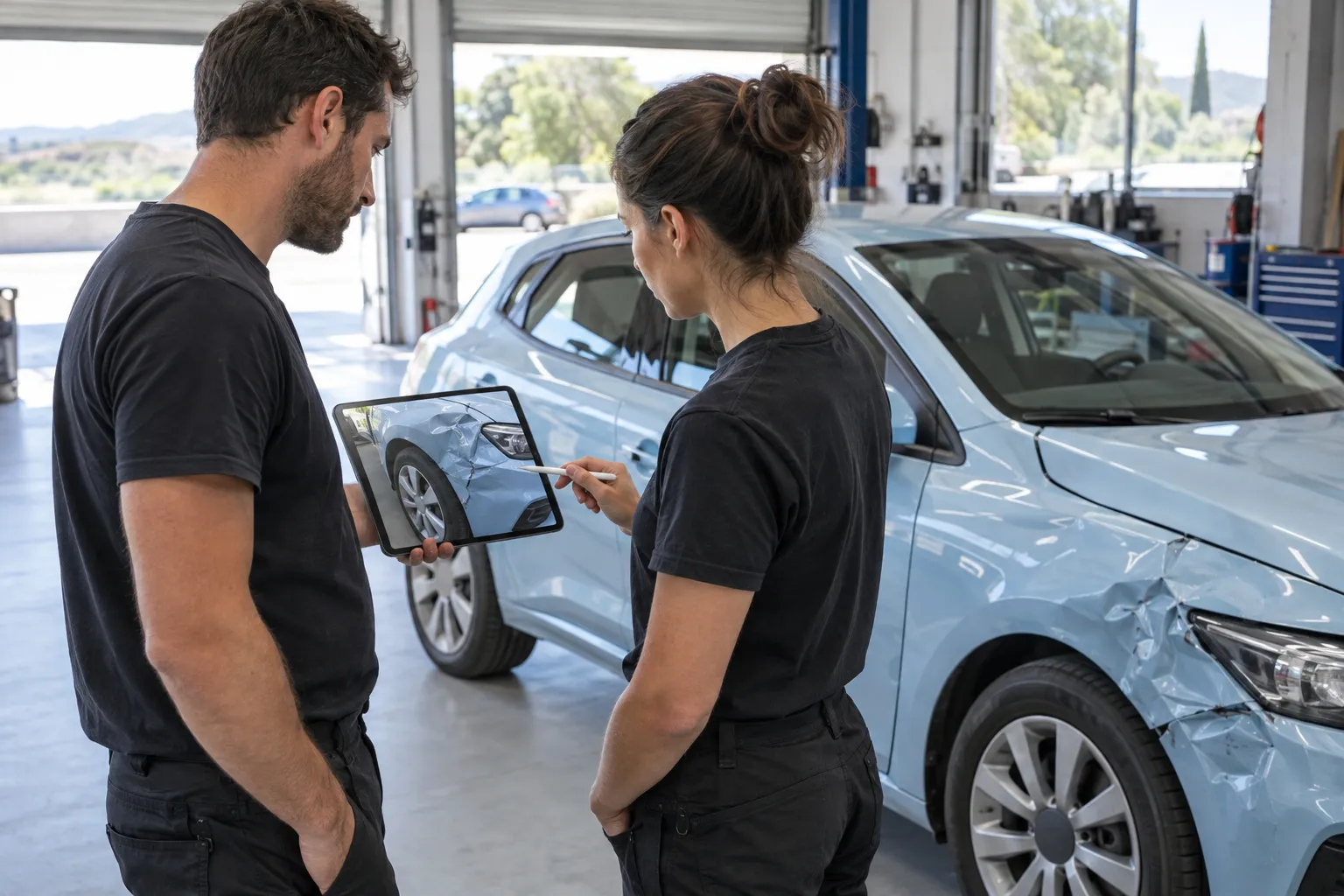 Deux professionnels étudient ensemble une tablette près d'une voiture à l'aile abîmée dans un atelier rangé.