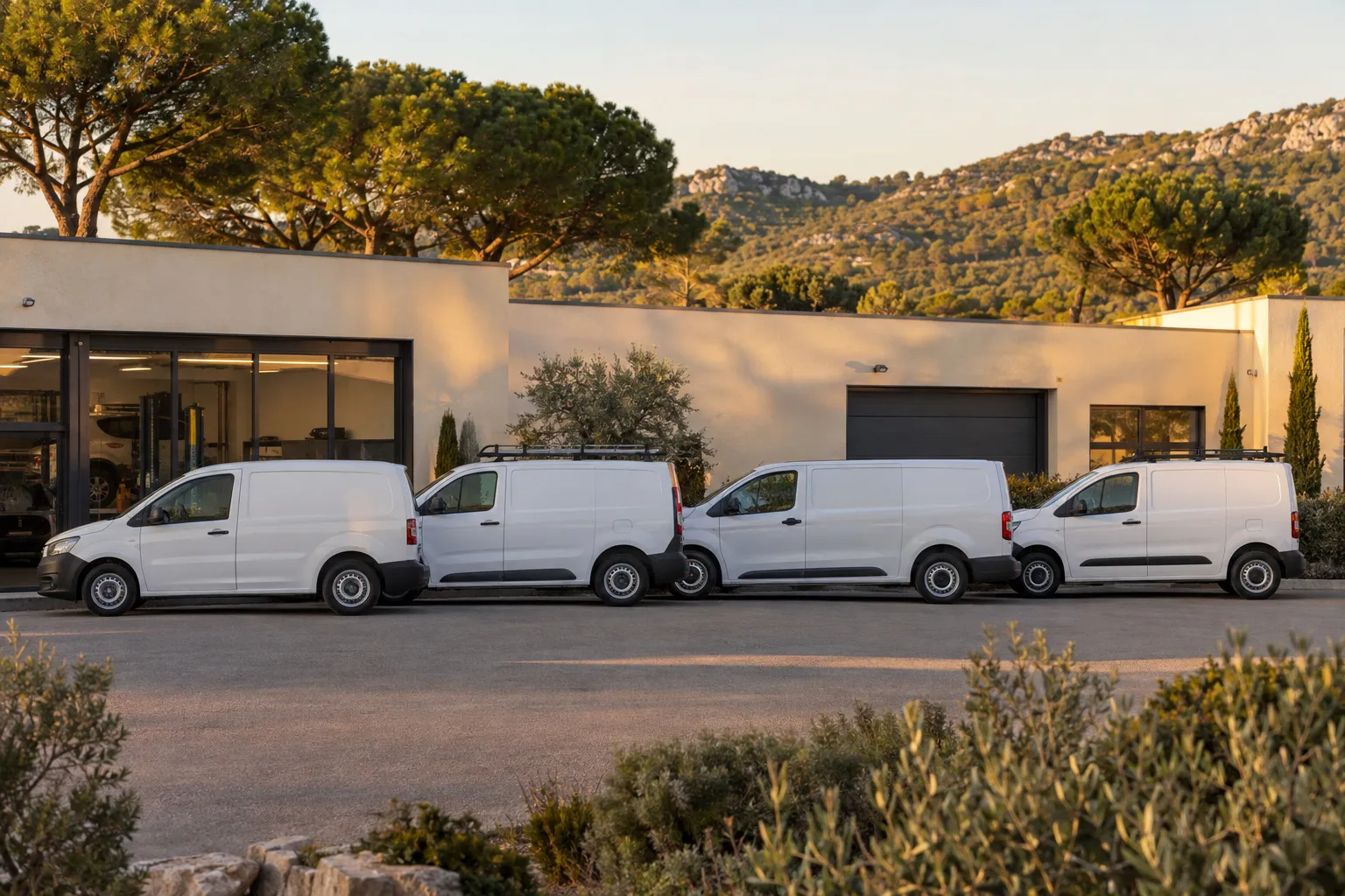 Parking d'une zone d'activité provençale : bâtiments bas à toit plat, quelques véhicules garés en ligne, pins parasols et des collines de garrigue en fond.