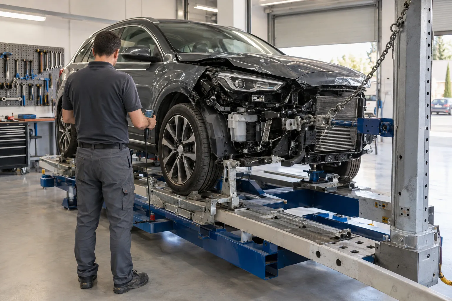 Un véhicule accidenté fixé sur un banc de redressage, chaîne de traction à l'avant, pendant qu'un carrossier contrôle l'alignement à la sonde de mesure.